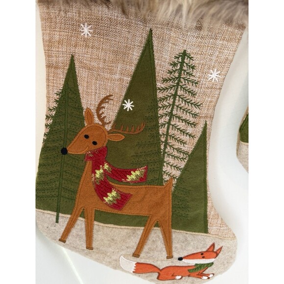 Lot 2 Christmas Appliqué Stockings Rustic Woodland Fox Deer Owl Bear Faux Fur - Picture 3 of 9